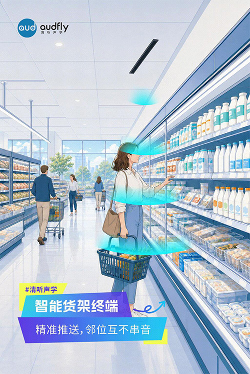 清聽聲學定向發聲技術應用于智能貨架終端,實現商品語音精準導購,互不串音