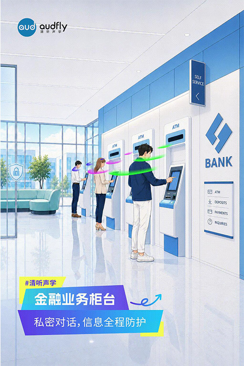 清聽聲學定向發聲技術應用于銀行金融柜臺,實現一對一精準傳音,保障業務交流隱私